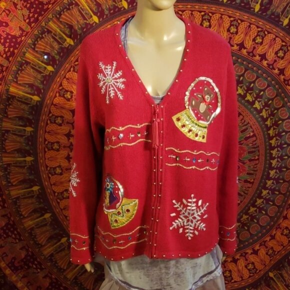 Vintage 90's Theme Works Snow Globe Zip up Christmas Sweater Jacket Medium - Picture 1 of 8